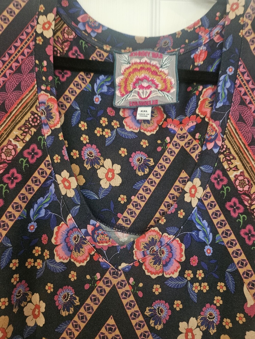 Johnny Was Black Floral V-Neck Tank with Multicolor Blooms